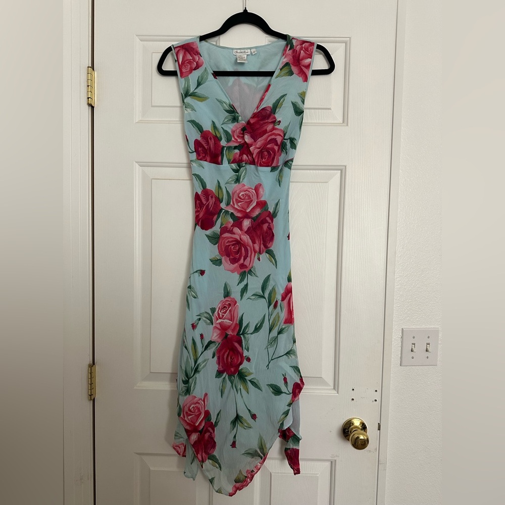 Y2k Charlotte Russe Light Blue Midi Dress with Pink Rose Print